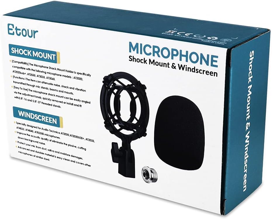 Etour AT2020 Microphone Shock Mount with Pop Filter, [Custom for Audio-Technica Microphones] Anti-Vibration Suspension Shock Mount Holder Clip