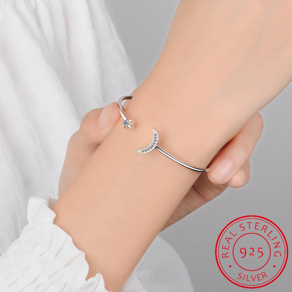 925 Sterling Silver Moon Star Adjustable Bracelet Moissanite Cuff Bangles For Women Fine Jewelry