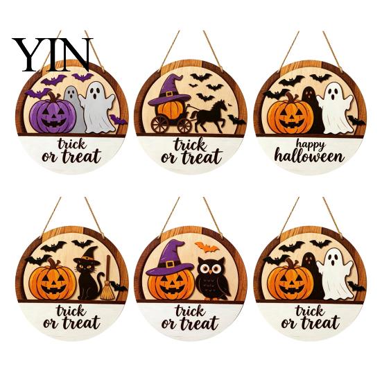 Halloween Door Sign Layered Round Hanger, 3D Pumpkin Ghost Owl Wood Welcome Sign, Handmade Farmhouse Front Wall Hanging Decor for Home Store