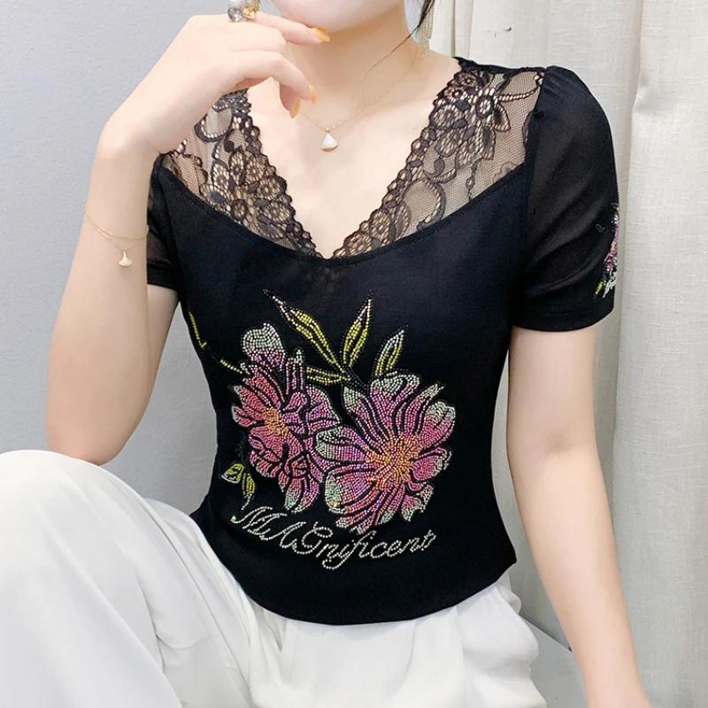New Korean Sexy Lace V-Neck Designer T-Shirt Luxury Flowers Hot Diamonds Women's Tops Clothes Elegant Short Sleeve Casual Tees