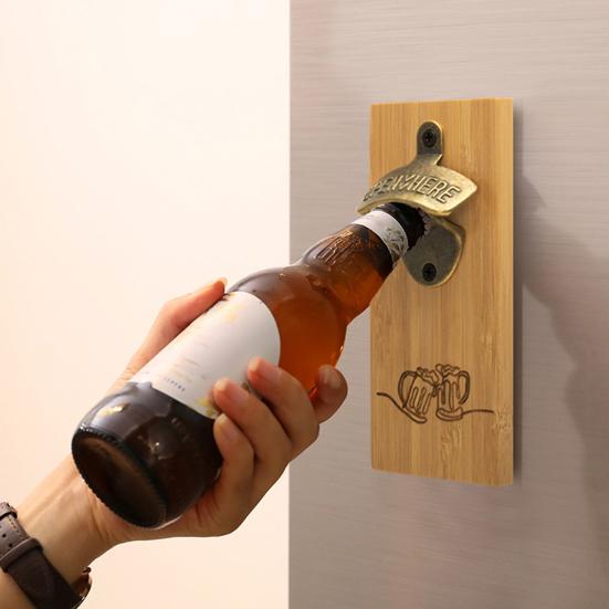 Bamboo Magnetic Bottle Opener, Wall Mount Beer Cap Catcher with Strong Magnet, Rustic Wood Fridge Opener for Home Bar