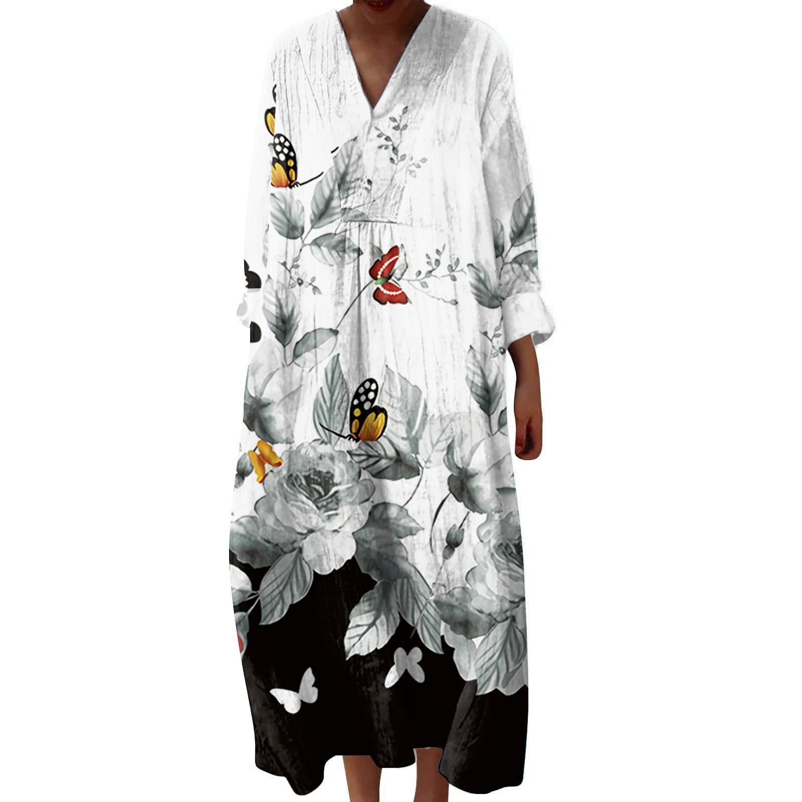 

Женское повседневное и модное платье с V-образным вырезом и принтом, с длинным рукавом XL белый