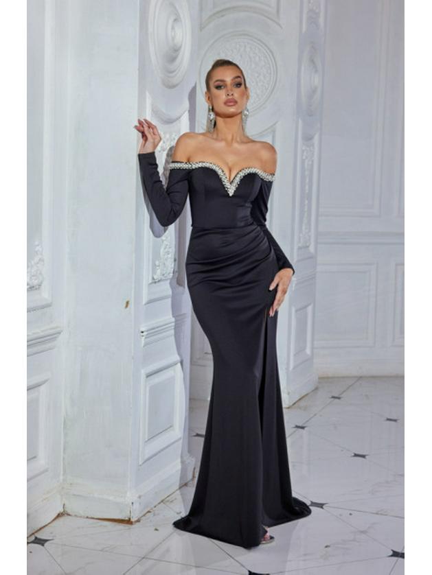 Elegant Long-Sleeve Strapless Evening Dress with Heavy Beading