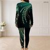 Women Plus Size Light Purple Printed Half Zip Long Sleeve Longline Top Fitted Pants Two Piece Set