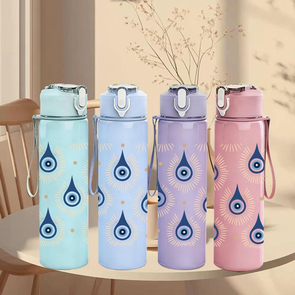 1PC Evil Eye Blue Drop Repeat Pattern 750ml Color Plastic Sports Water Bottle Leakproof Flip Straw Lid Suitable for Sports Office Home Use