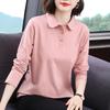 Solid Color Long Sleeve Polo Shirt for Middle-Aged Women - Spring/Autumn Pure Cotton Lapel Top with Collar