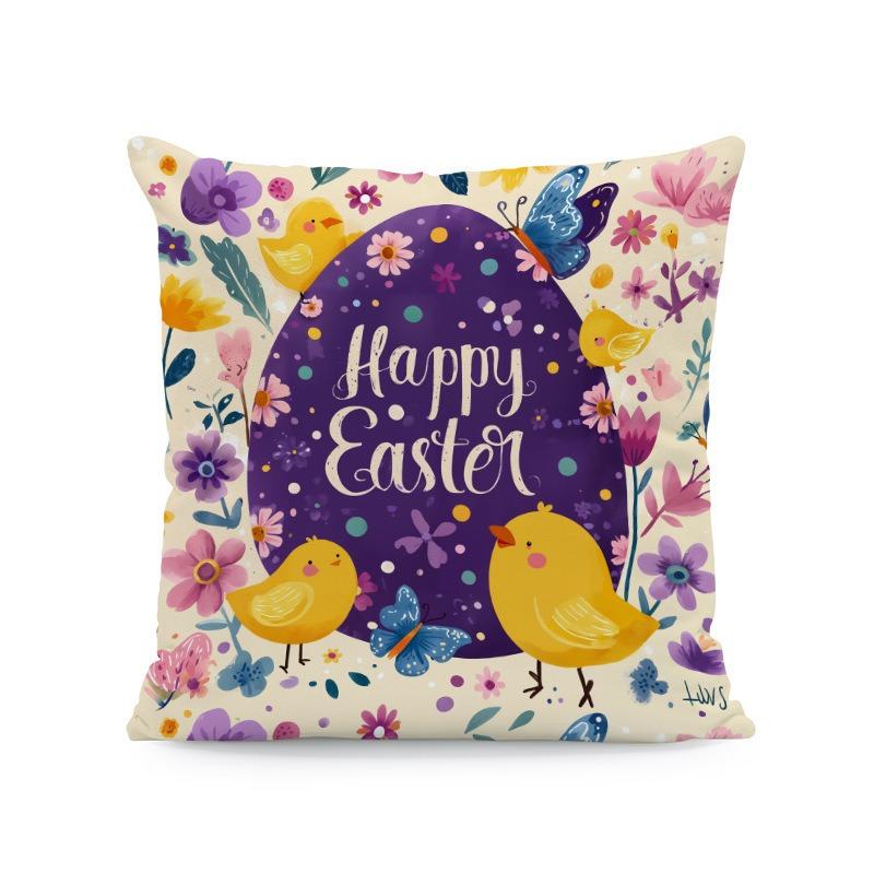 Happy Easter Egg Chick Floral Pillow Cover 2D Printed Peach Skin Cushion Case For Sofa Living Room Spring Decor 45X45