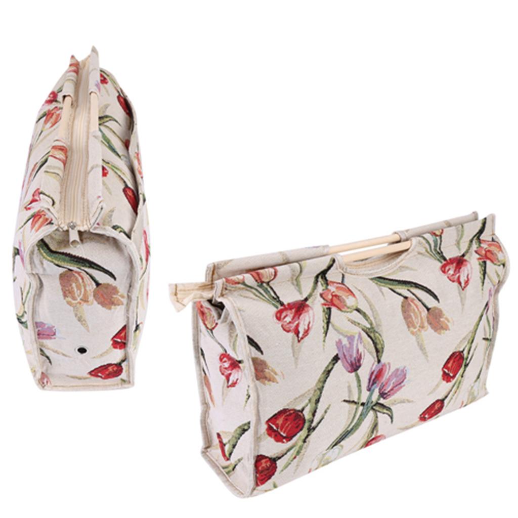 Exquisite Wood Handle Fabric Storage Bag for Knitting Needles Sewing Tools (Red Flower)
