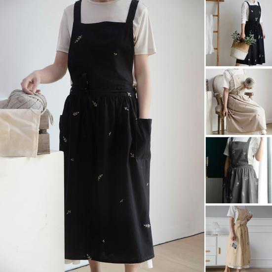 Cross Back Cooking Apron Breathable Retro Cotton Embroidered Bib Apron for