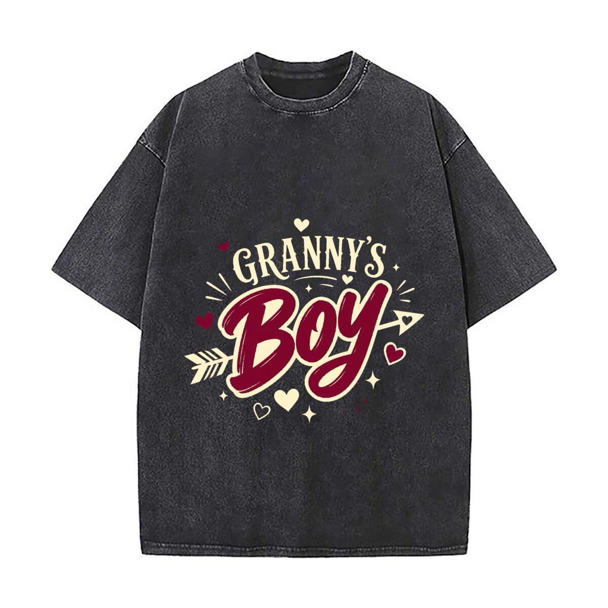 Grannys Boy Heart Arrow Lettering Retro Washed Distressed T Shirt Men Summer Casual Short Sleeve S