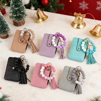 Beaded Bracelet Keychain Wallet Women Silicone Wristlet Credit Card Holder Slim Card Wallet with Tassel Zipper Pocket for Travel Shopping