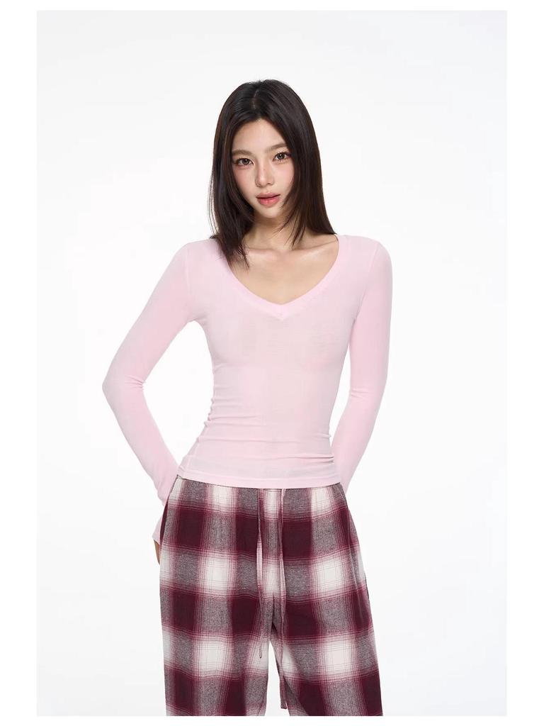 Women's V-Neck Lyocell Long-Sleeve Slim-Fit Top - Spring/Autumn Versatile Layered Design