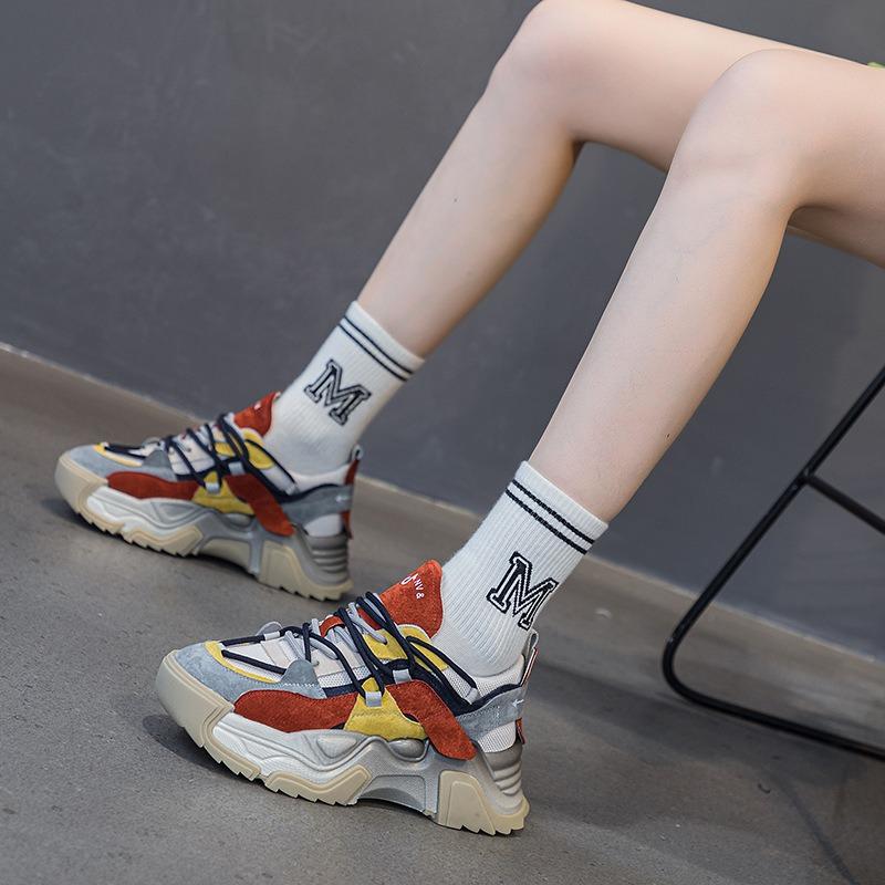 Suction film bottom leather thick sole dirty dad shoes spring and autumn new trend color matching mesh sports casual women's shoes