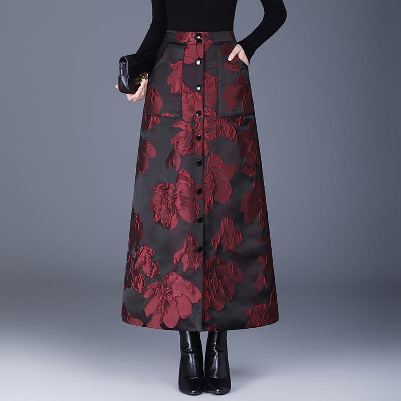 Jacquard Baumwolle Gepolstert Übergröße Hohe Taille Vintage Floral Frühling Herbst Winter Lässig Locker Lang für Frau Röcke Damenrock