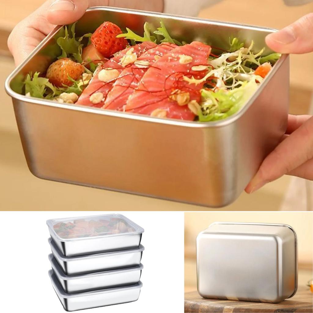 4pcs Fresh-Keeping Box Stainless Steel Food Storage Pan With Lid Vegetable Ingredient Box Ice Storage Food Fruit Keep Box