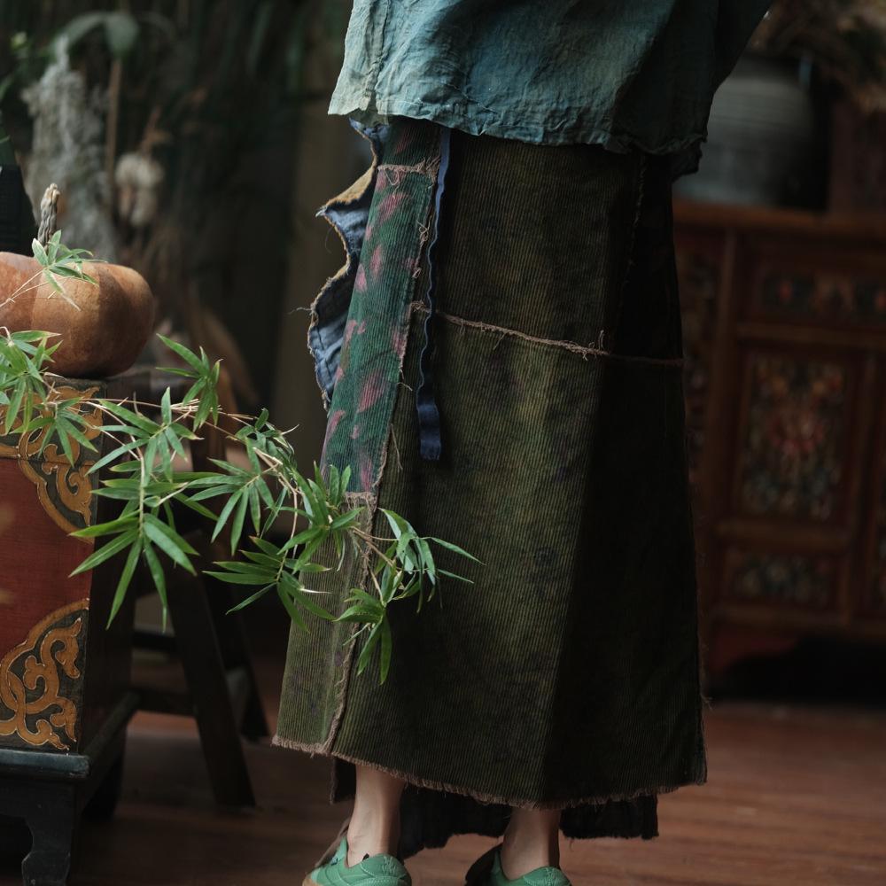 Luo Gu Ni Original Green Patchwork Cotton Linen Lace-Up Wrap Skirt