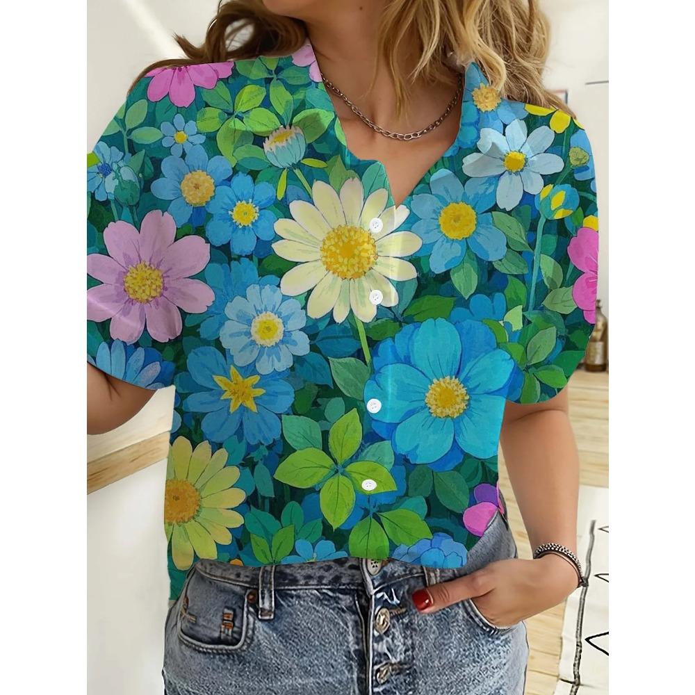 Floral Womens Shirts Short Sleeve Button Rose 3D Printed Casual Beach Shirt Summer New Sunflower Blouse Y2k Tops Women's Clothes