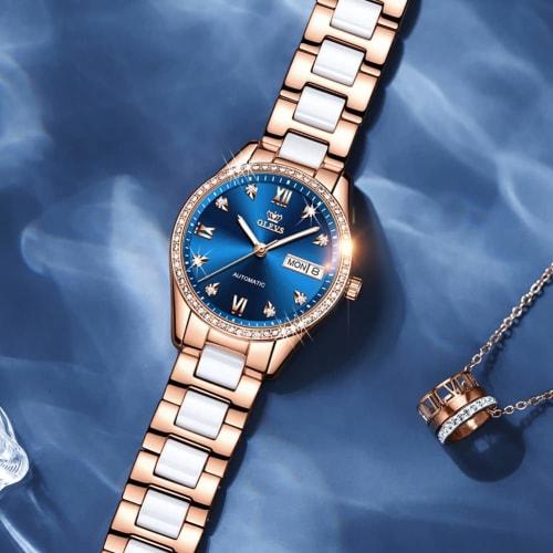 OLEVS Women's Stylish Mechanical Wristwatch with Date Display, Popular Fashionable Dial, and Bracelet, Ceramic Watch, Blue
