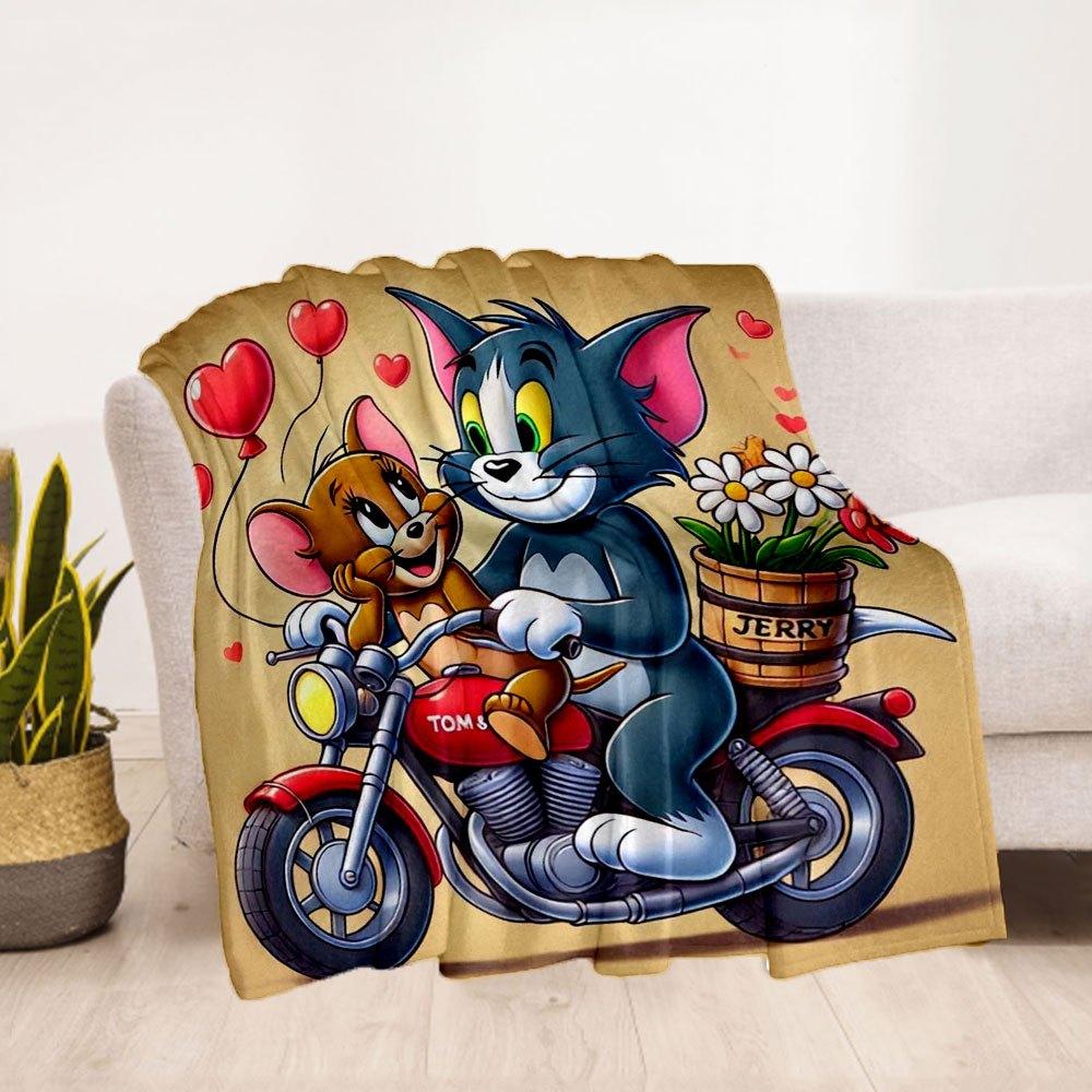 "Tom & Jerry Love Ride Motorcycle Wall Art Print"Blanket Flannel Throw Blanket for Sofa, Bed, Travel, Camping, Office