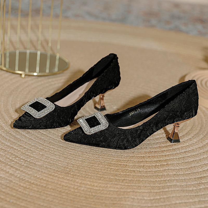 Pointed high heels women's thin heels sexy 2025 new spring and autumn women's shoes pleated satin French temperament small heel shoes
