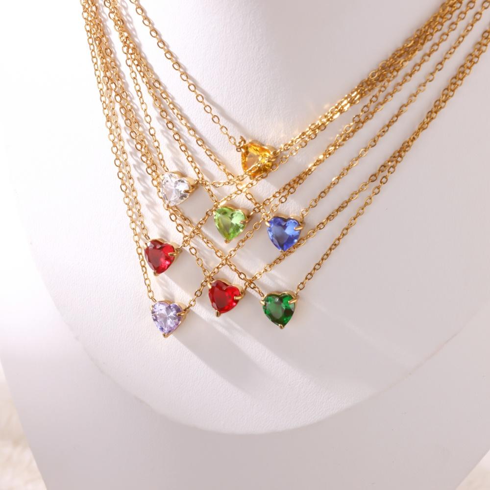 Stainless Steel Birthstone Pendant Necklace for Women Fashion Heart Crystal Zircon Charm Clavicle Chain Birthday Party Jewelry