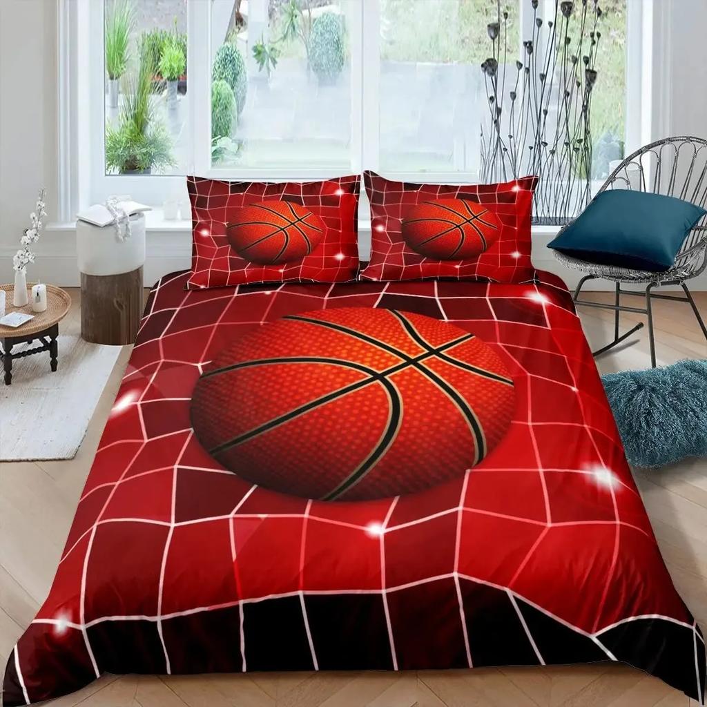 Basketball Duvet Cover Set Black 3D Ball Sports Theme Bedding Set Microfiber Basketball Court Competitive Games King Quilt Cover
