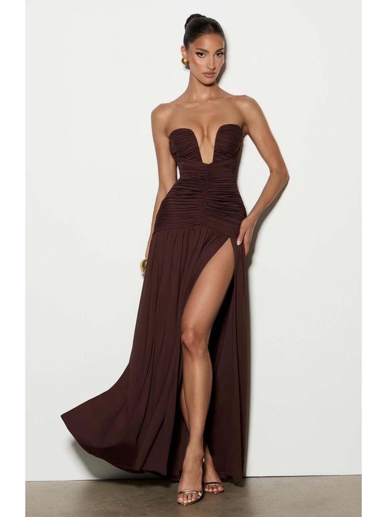 European-Style Strapless Pleated High-Slit Open-Back Evening Gown
