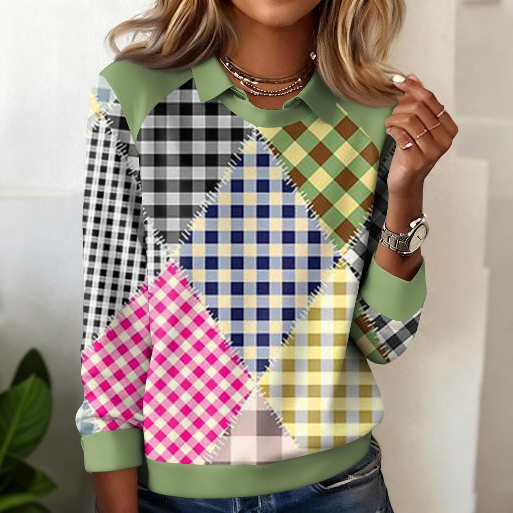 Ladies' Plaid Printed Casual Long Sleeved Sweatshirt Top