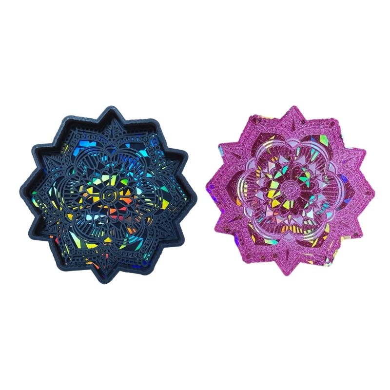 Mandalas Coaster Plaster Silicone Mold DIY Crystal Epoxy Resin Mold Holographic Flower Shape Cup Mat Casting Mold Craft