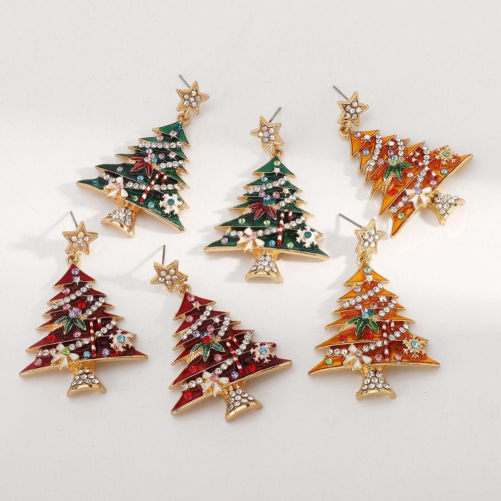 Zinc Zinc Alloy Xmas Earrings Studs Dripping Oil New Year Dangle Earrings Christmas Tree Earrings  Girls