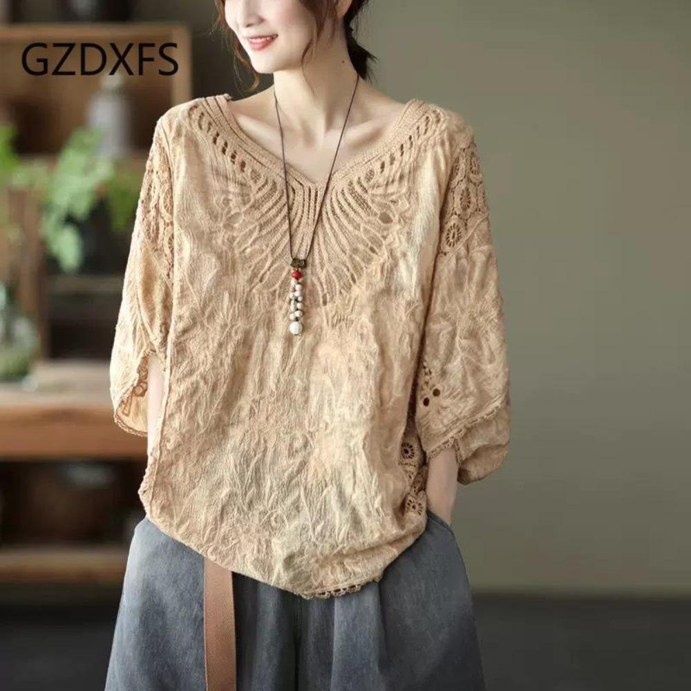 Cotton Foreign Style Hollow Out Lace Embroidery V-neck Top Women's Loose Large Sunscreen Blouse Holiday Style Outside
