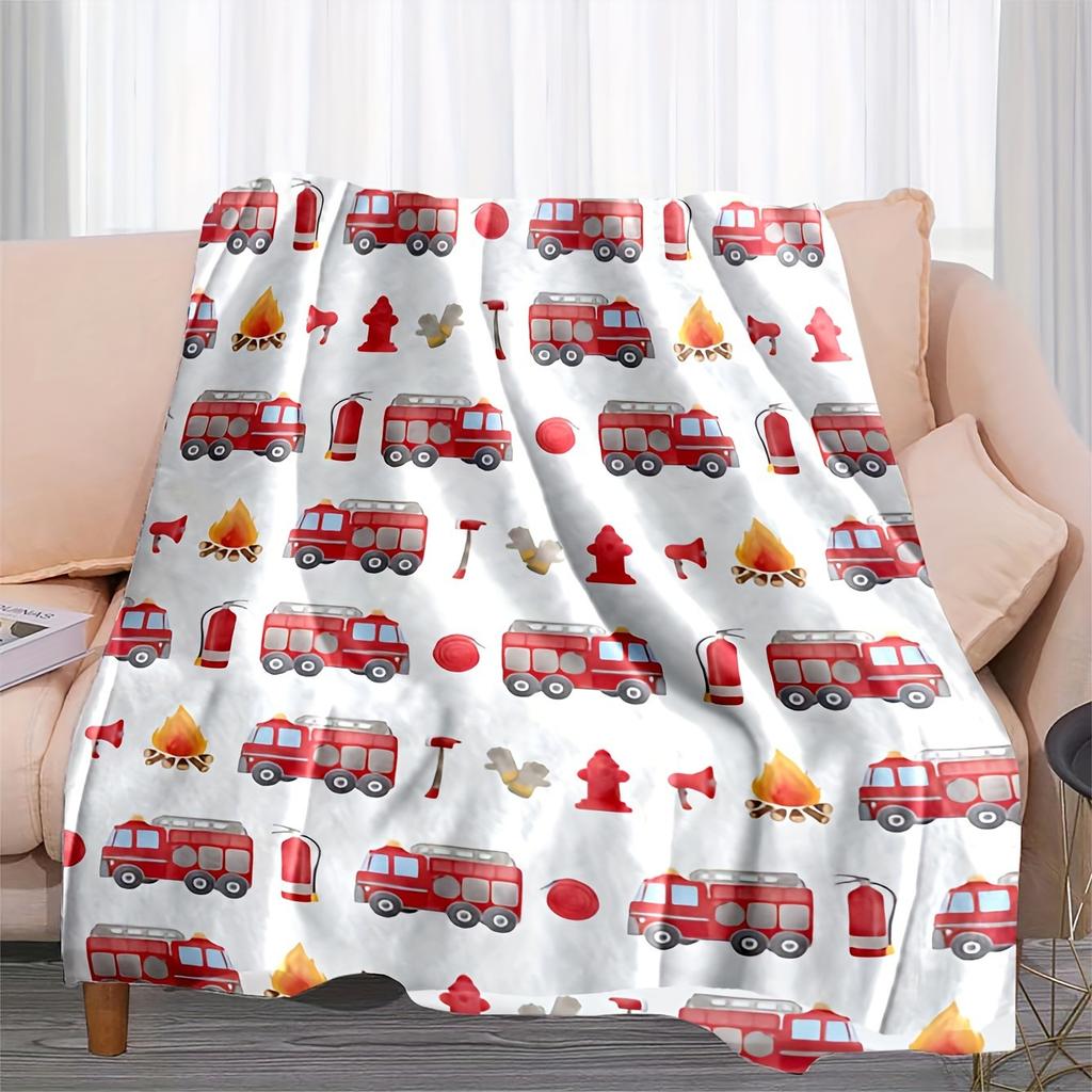 Cartoon Fire Engine Digital-printed Polyester Bedroom Velvet Flannel Cover Blanket Fleece Soft Sofa Cover Blankets for Beds