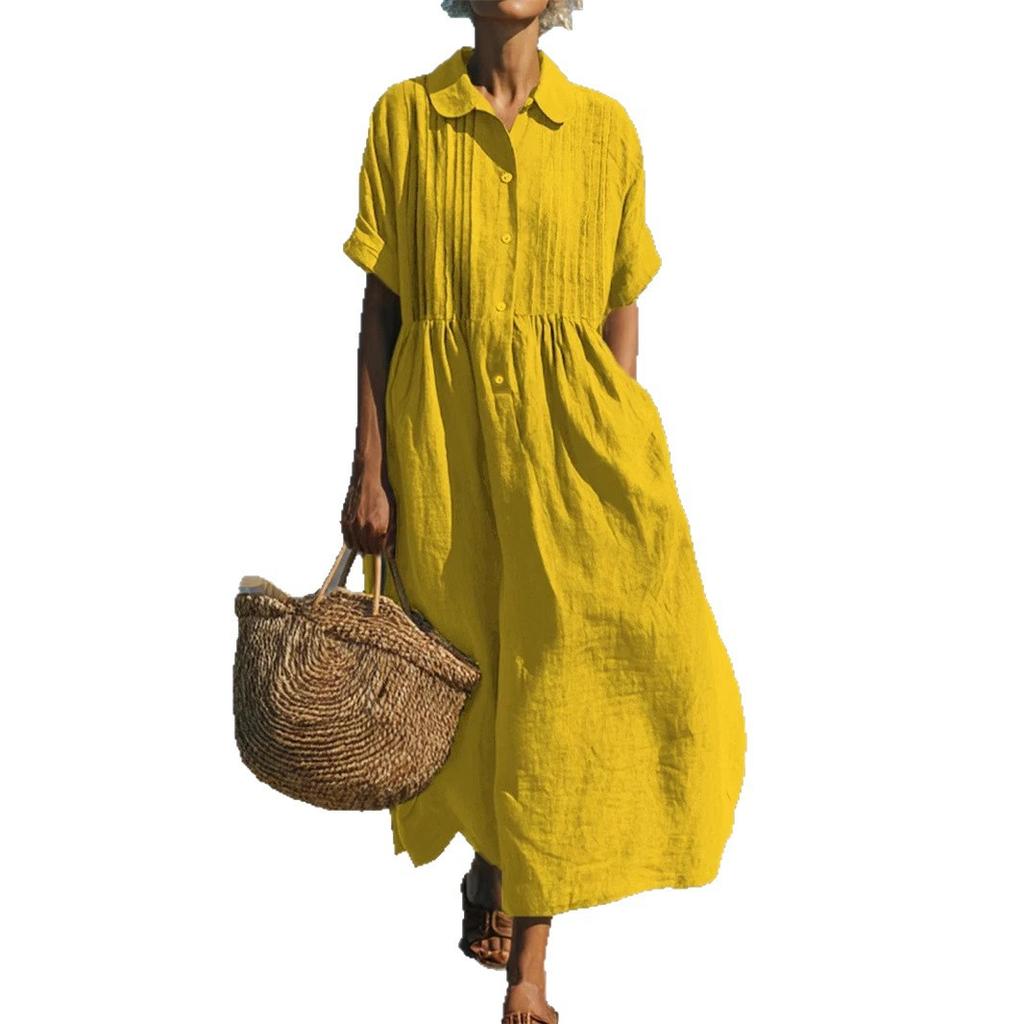 European and American New Women's Long Dress Casual Loose Lapel Button Pleated Short Sleeve Cotton and Linen Dress Women