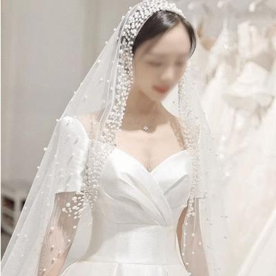 Vintage Long Wedding Veil Pearls Waist Length Drop Veil Pearls Tulle Bridal Veil  French Headdress