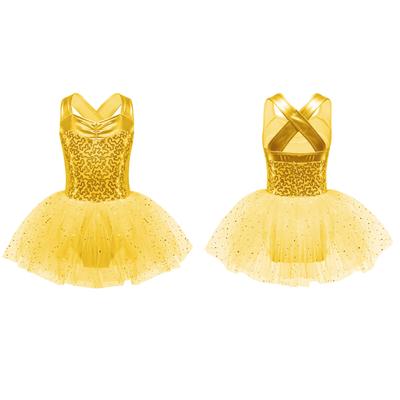 Vestito da ballo da bambina in rete senza maniche con scollo a V arricciato, paillettes lucide, incrociato sulla schiena, gonna in tulle trasparente