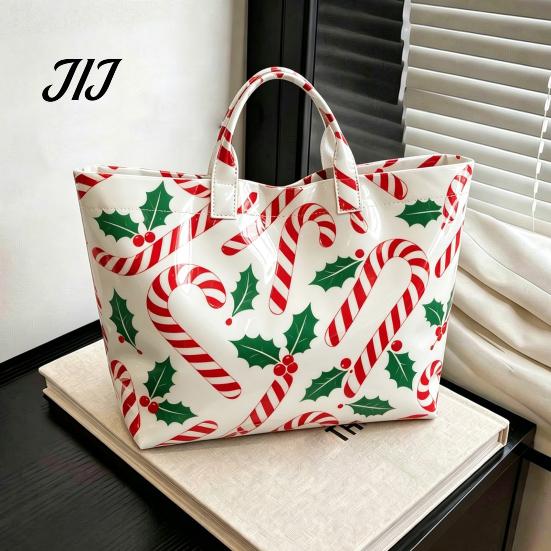 Christmas Theme Travel Bag PVC Tote for Women, Waterproof Spacious Plastic Handbag, Holiday Seasonal Handbag Large Top Handle Shopping, Beach, Travel,