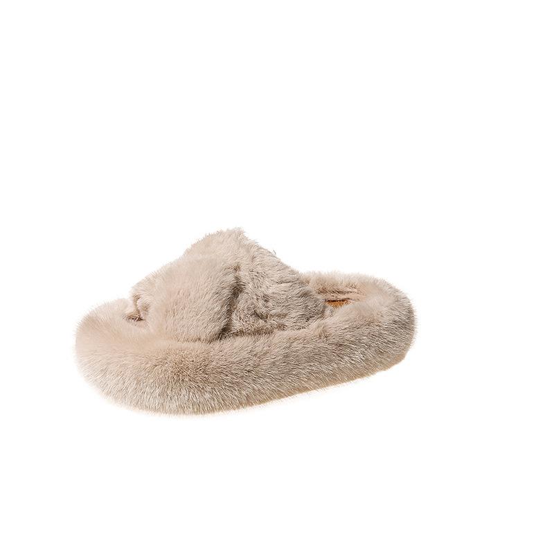 Internet celebrity open-toed fluffy slippers women's autumn and winter new thick-soled non-slip one-word cross-strap cotton slippers