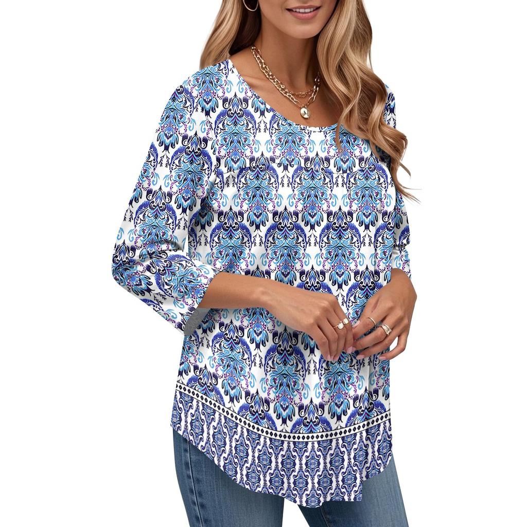 Women's Fashion Seven Sleeve Top Round Neck Pleated Casual Printed Top