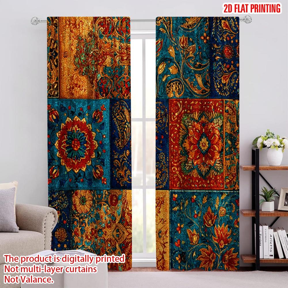 

2D flat printing 2pcs Window Curtains Bohemian Patchwork Polyester Without Electricity Holiday Decorations Use for New Year 52.50 × 116.00 cm 2 pcs