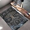 Norse Mythology Area Rug, Viking Yggdrasil Tree Mjolnir Runes Raven Wolf Stone Carving Print, Pagan Cabin Decor, Non-Slip Mat