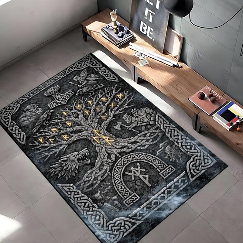 Norse Mythology Area Rug, Viking Yggdrasil Tree Mjolnir Runes Raven Wolf Stone Carving Print, Pagan Cabin Decor, Non-Slip Mat