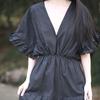 Johnature Women Vintage Tierred Dress V-Neck Short Sleeve Solid Color Summer Patchwork Casual Female Dress