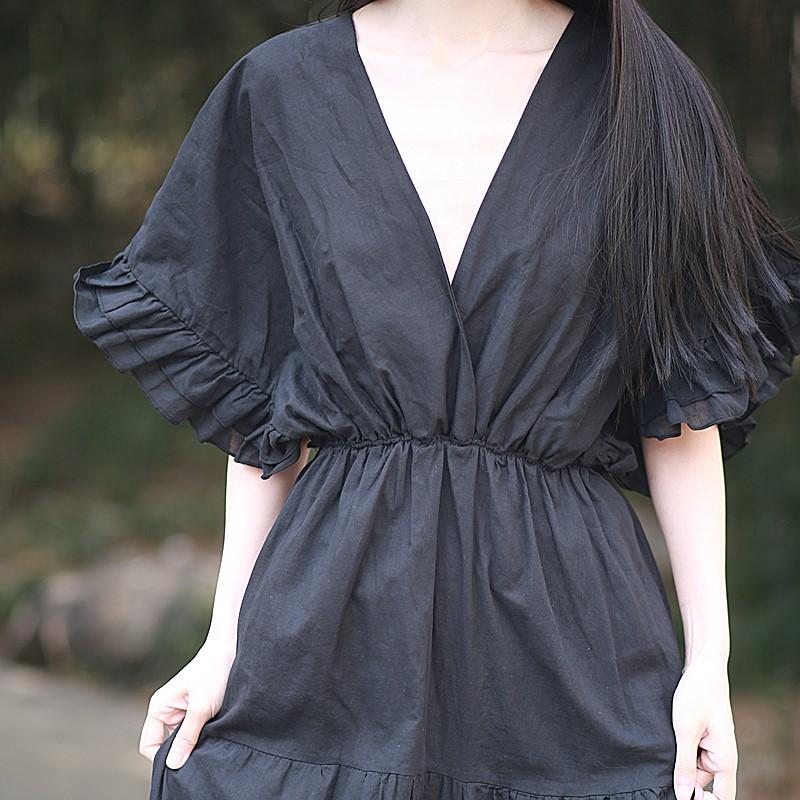 Johnature Women Vintage Tierred Dress V-Neck Short Sleeve Solid Color Summer Patchwork Casual Female Dress