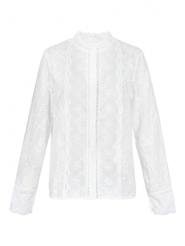 SHEIN 2025 Early Autumn Women's European & American Artistic Style Embroidered Stand Collar Long-sleeved Shirt.