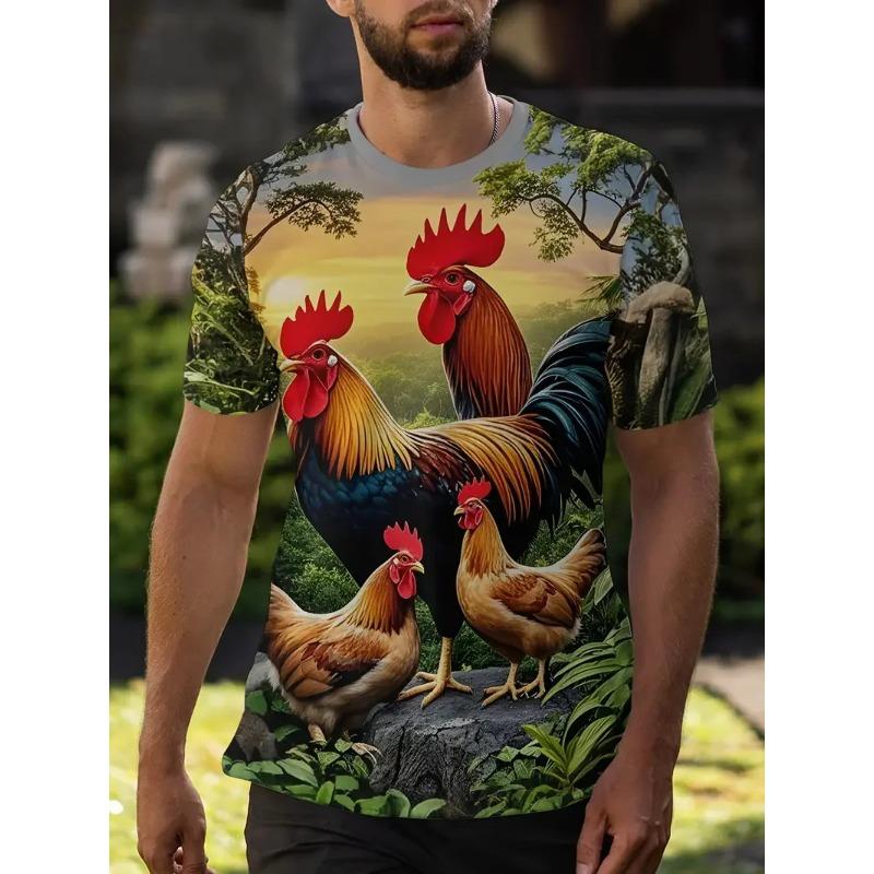 Summer Round Neck Colorful Rooster Graphic 3D Print Top Fashionable Casual Short Sleeved Men's T-shirts