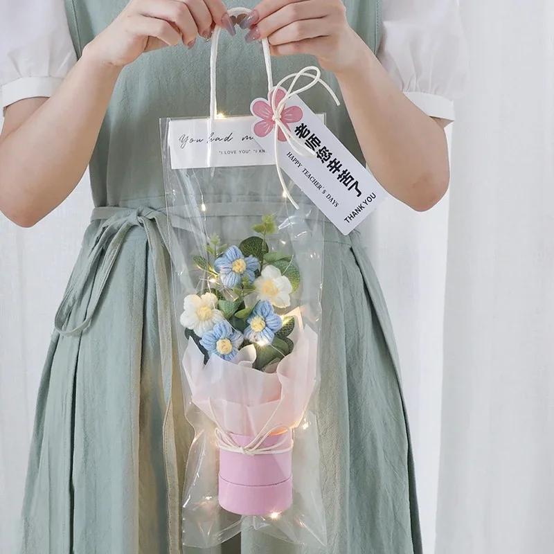 Crochet Flower Bouquet Teacher's Day Gifts with LED Light String Hand Knitted Flowers Graduation Artificial Flowers Decor