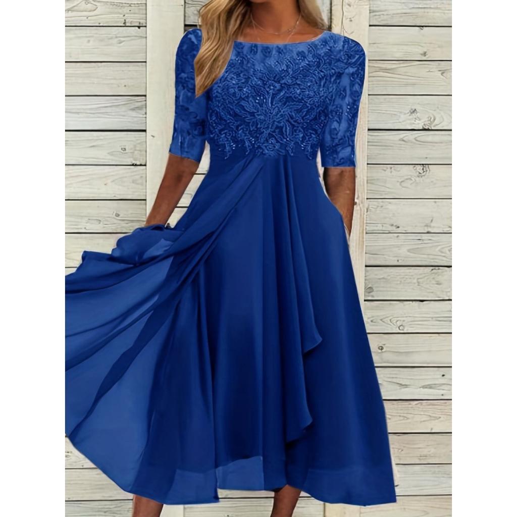 Women's Chiffon Patchwork Lace Hollow Out Long Dress Bridesmaid Evening Party Gown European Style Crossbody Dress for Formal Occasion