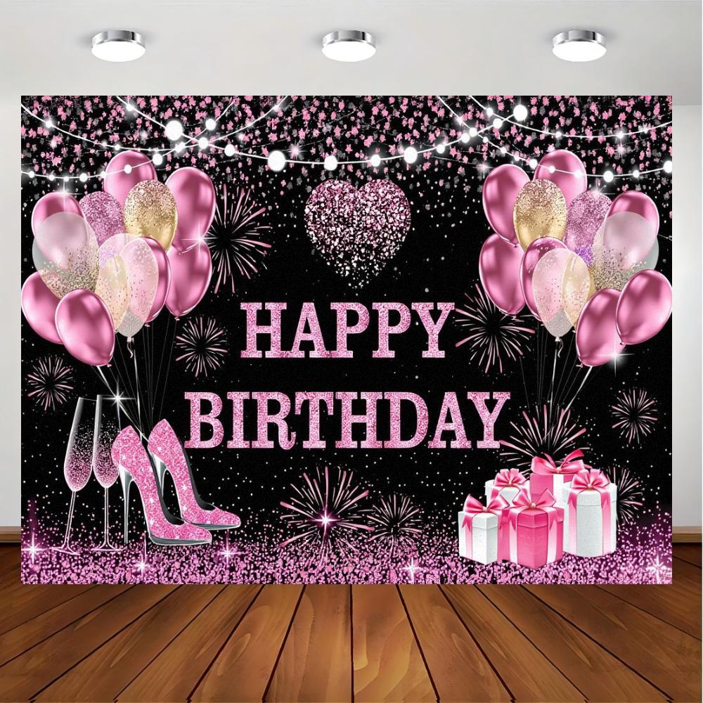 1pc Happy Birthday Backdrop Banner Holiday Party Decoration - Black Background with Pink Gold Heart Shape Champagne Glasses