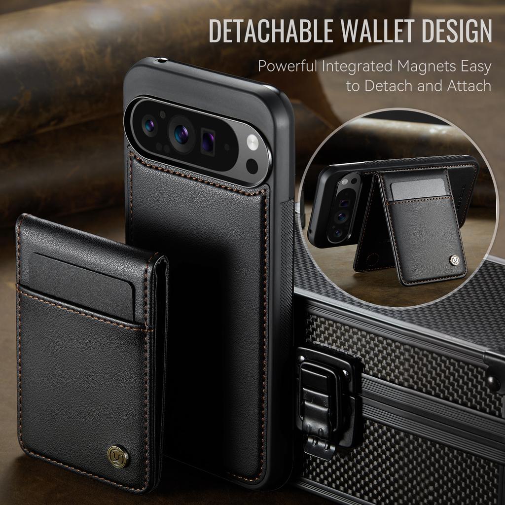 For Google Pixel 9 Pro XL Leather Back Cover Compatible with MagSafe JEEHOOD J06 Phone Case with Card Bag RFID Blocking