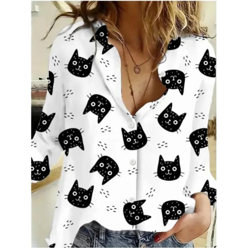 Autumn Women Clothing Cute Animal Prints Shirt Tops Cartoon Cat Pattern Personalized Street Long Sleeve Fashion Women's Blouses